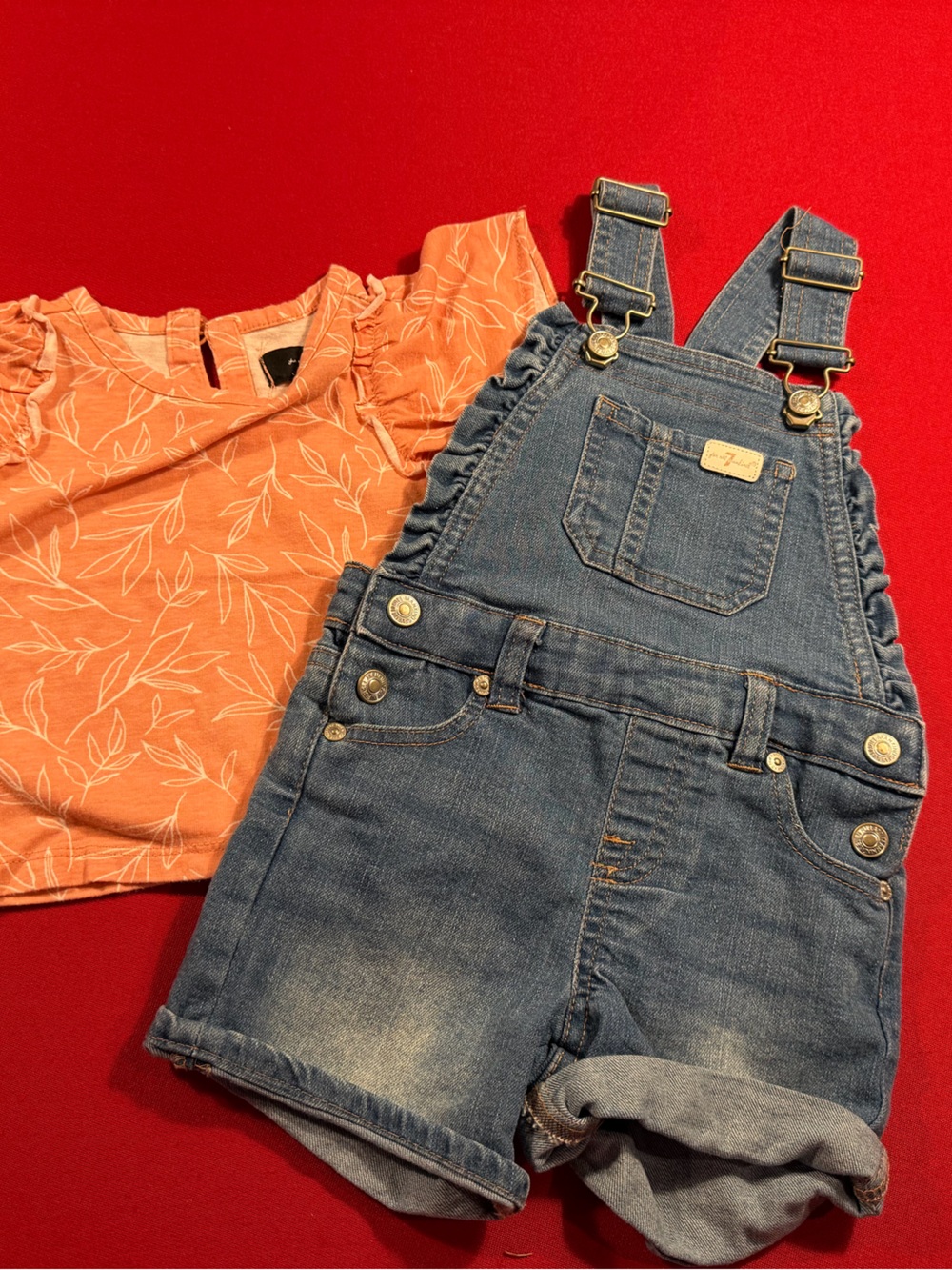 7 For All Mankind kids Blue Denim Short Overalls set with Orange Leaf Tee
